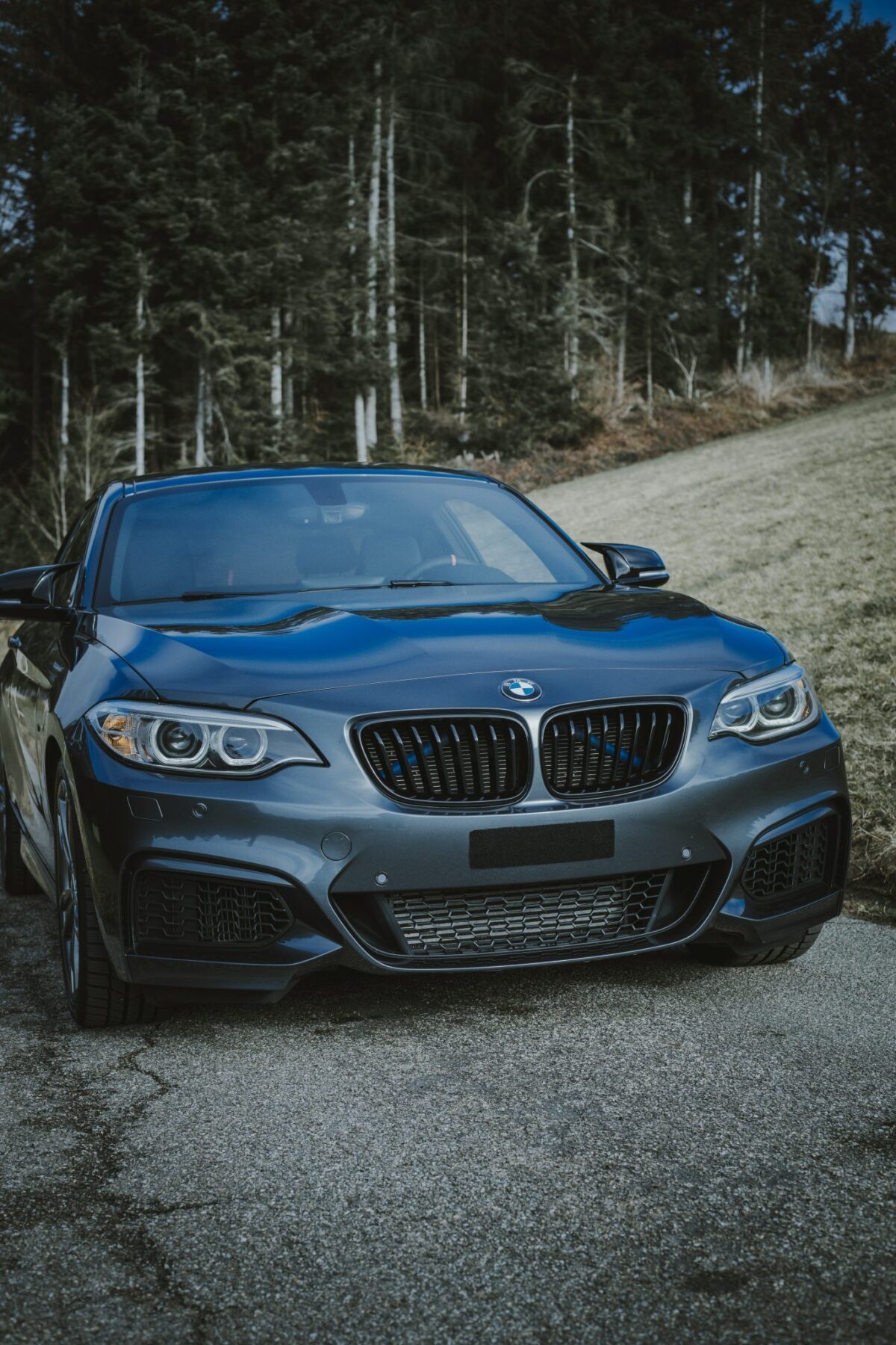 BMW Série 2 d’occasion en bon état sur route de montagne, symbole de fiabilité et d’entretien rigoureux proposé par les concessions BMW Equation.