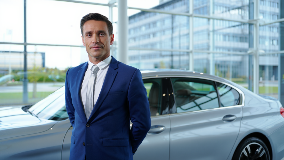 Homme en costume bleu psant devant un véhicule BMW. Illustre le recrutement chez BMW.